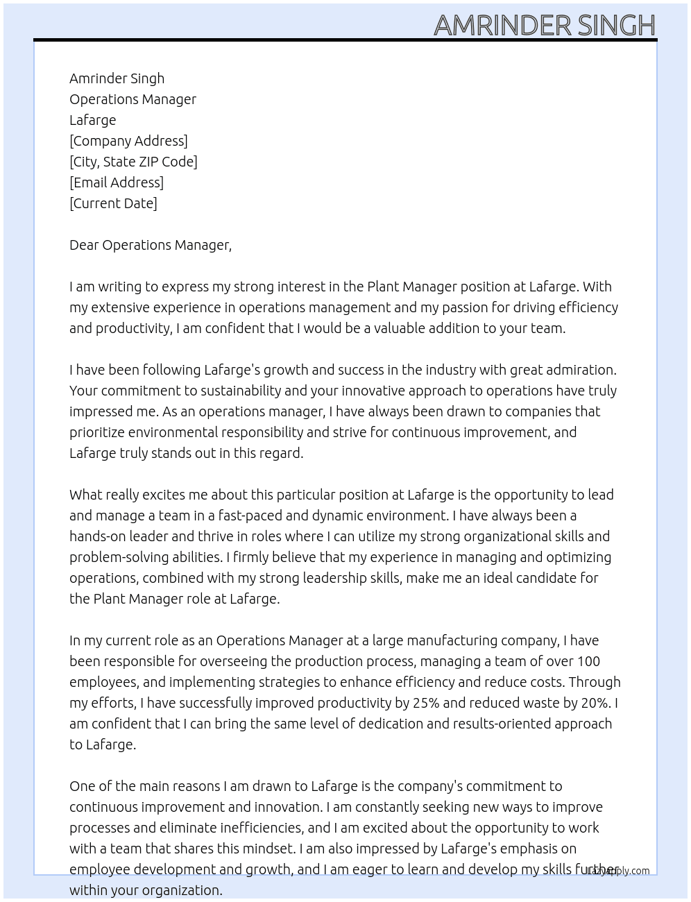 plant manager  At Lafarge Cover Letter