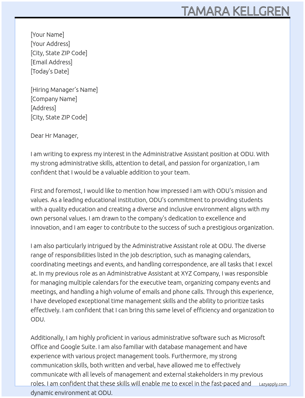 Administrative Assistant At ODU Cover Letter