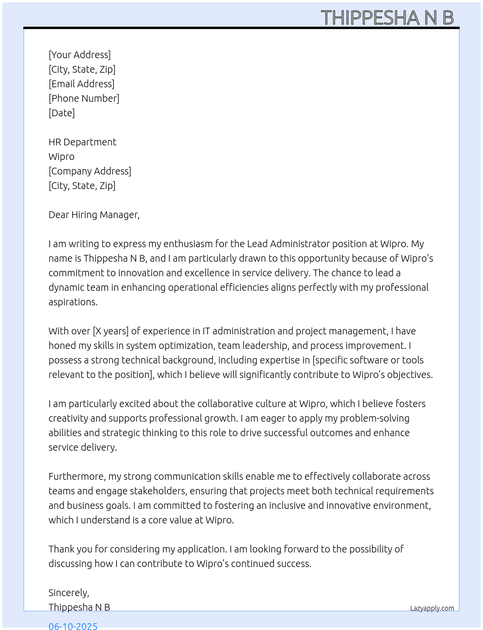 Cover letter for lead administrator - LazyApply
