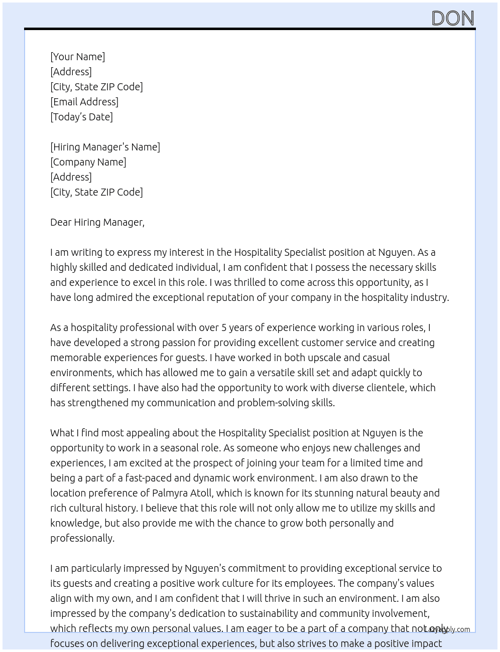 Hospitality Specialist At Nguyen Cover Letter
