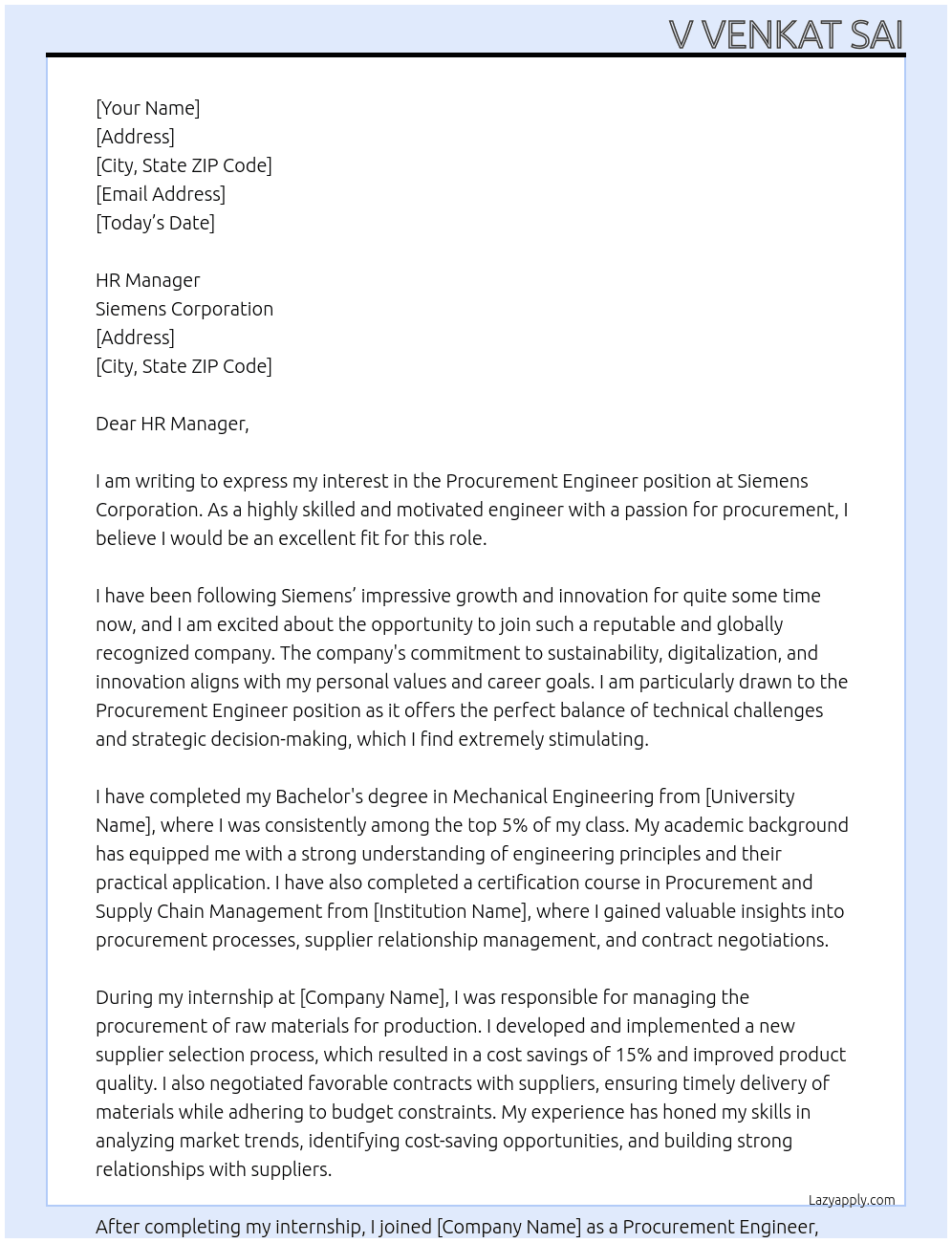 Procurement Engineer At Siemens Cover Letter