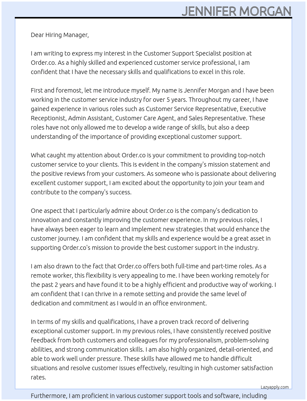Customer Support Specialist  At  Order.co Cover Letter