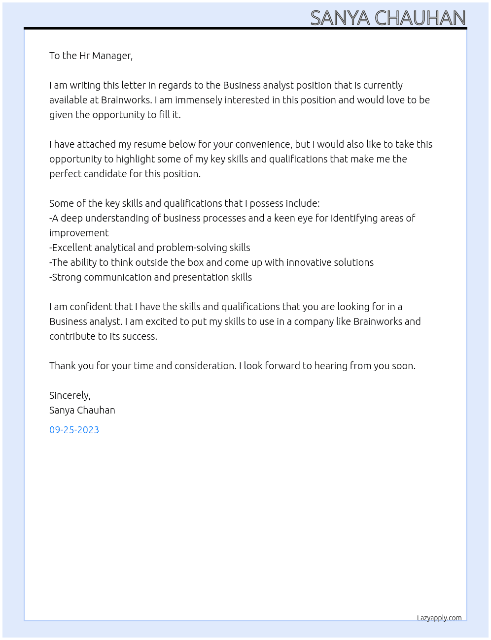 Business analyst  At Brainworks Cover Letter