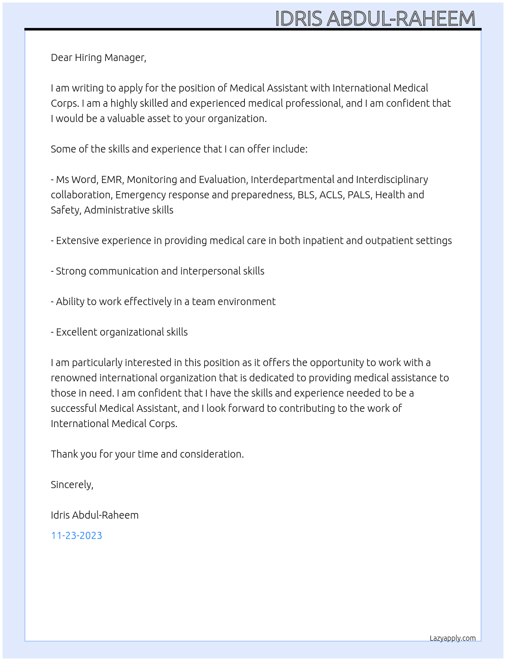 Medical Assistant  At International Medical Corps  Cover Letter