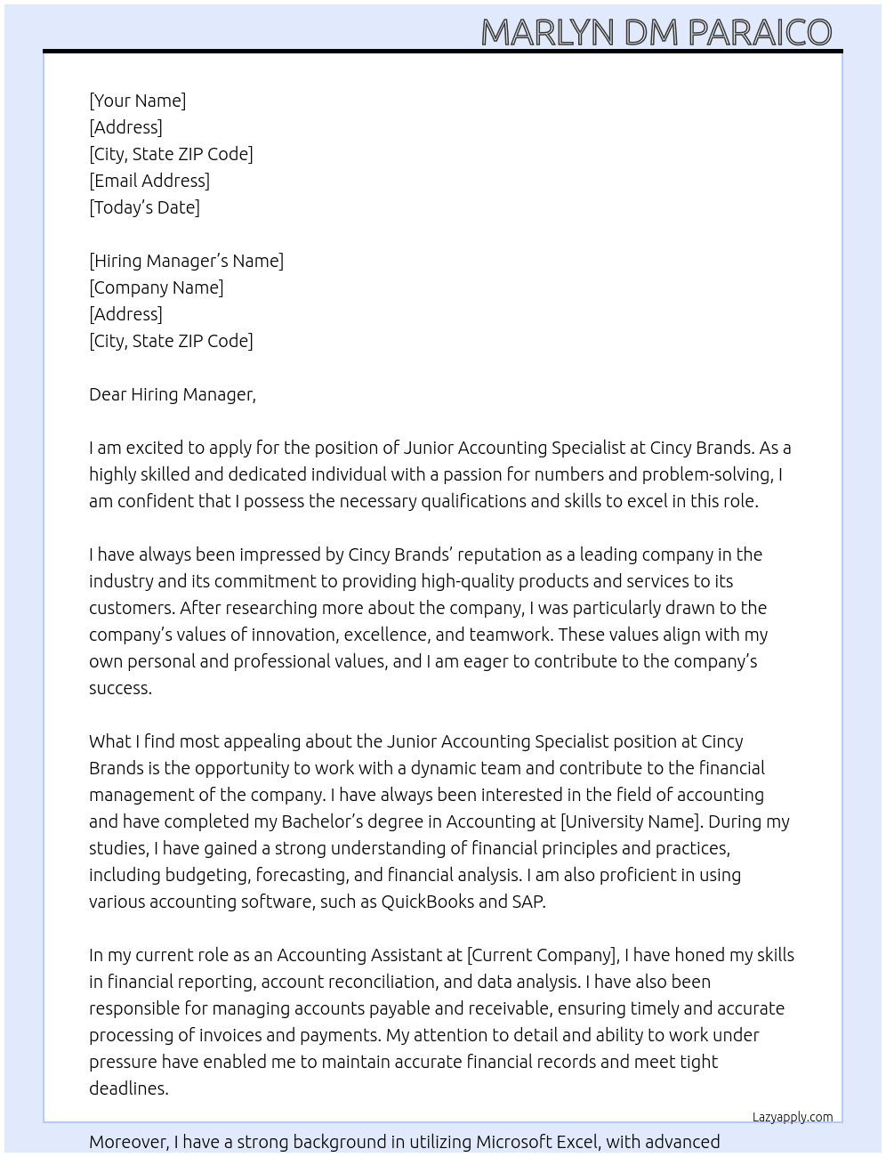 Junior Accounting Specialist At Cincy Brands Cover Letter