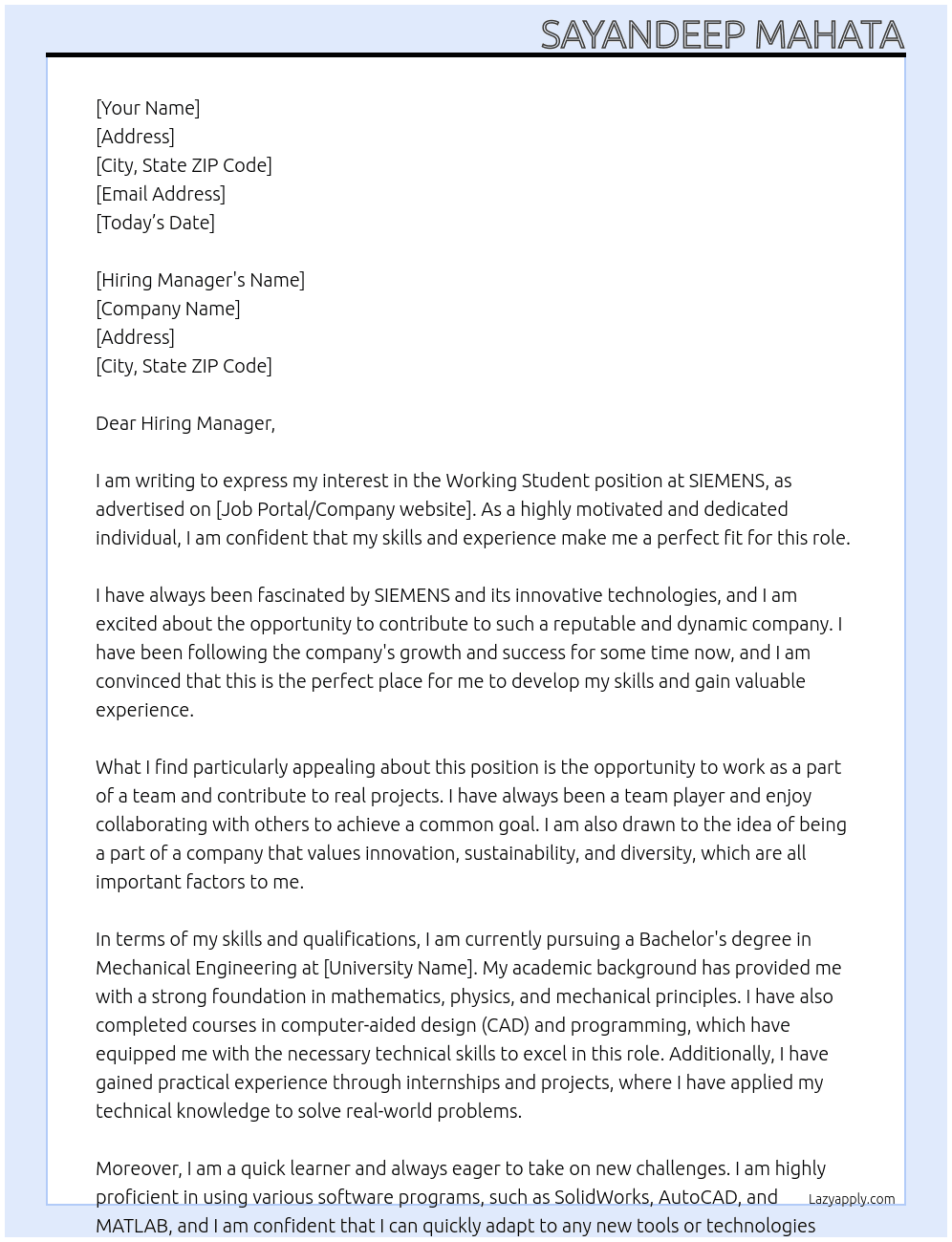 Working Student At SIEMENS Cover Letter