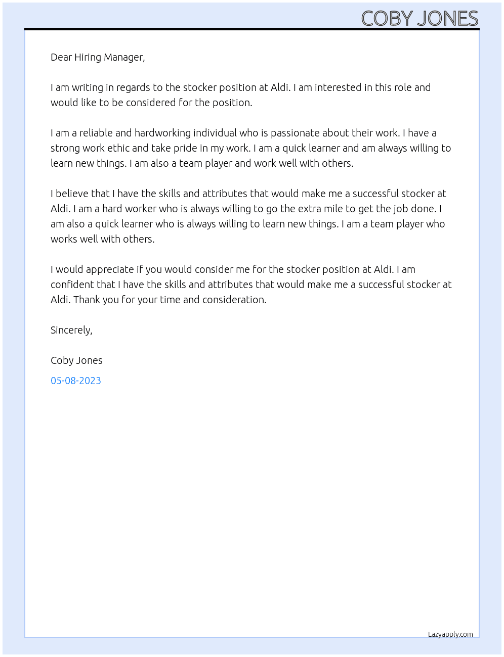 Stocker At Aldi Cover Letter