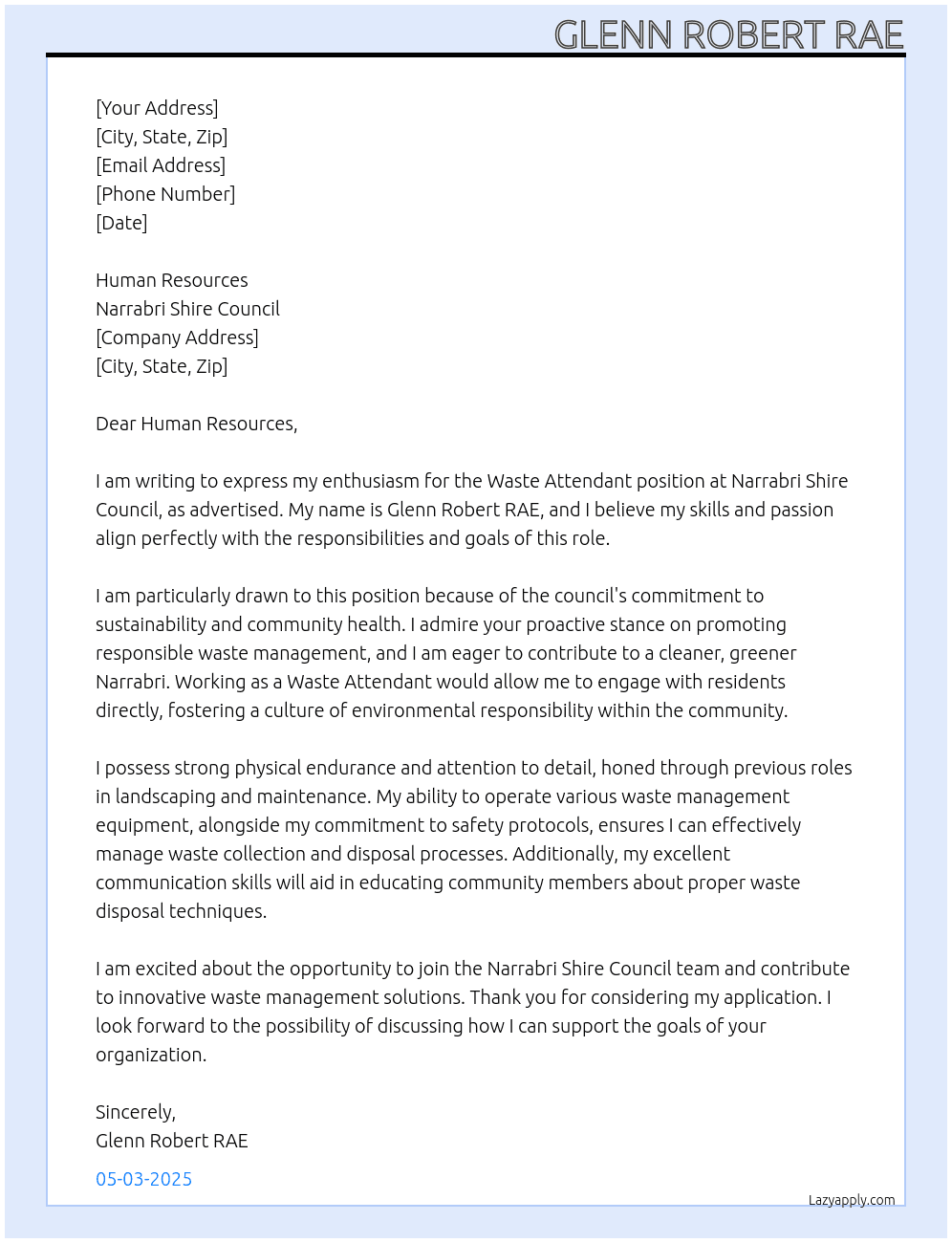 waste attendant At narrabri shire council Cover Letter