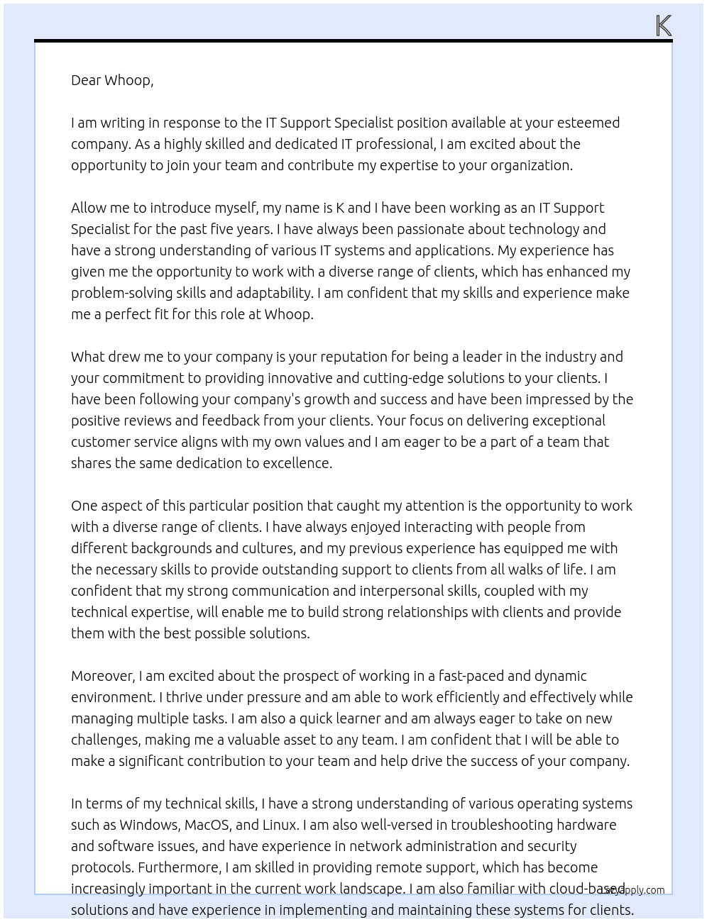 IT Support Specialist At Whoop Cover Letter