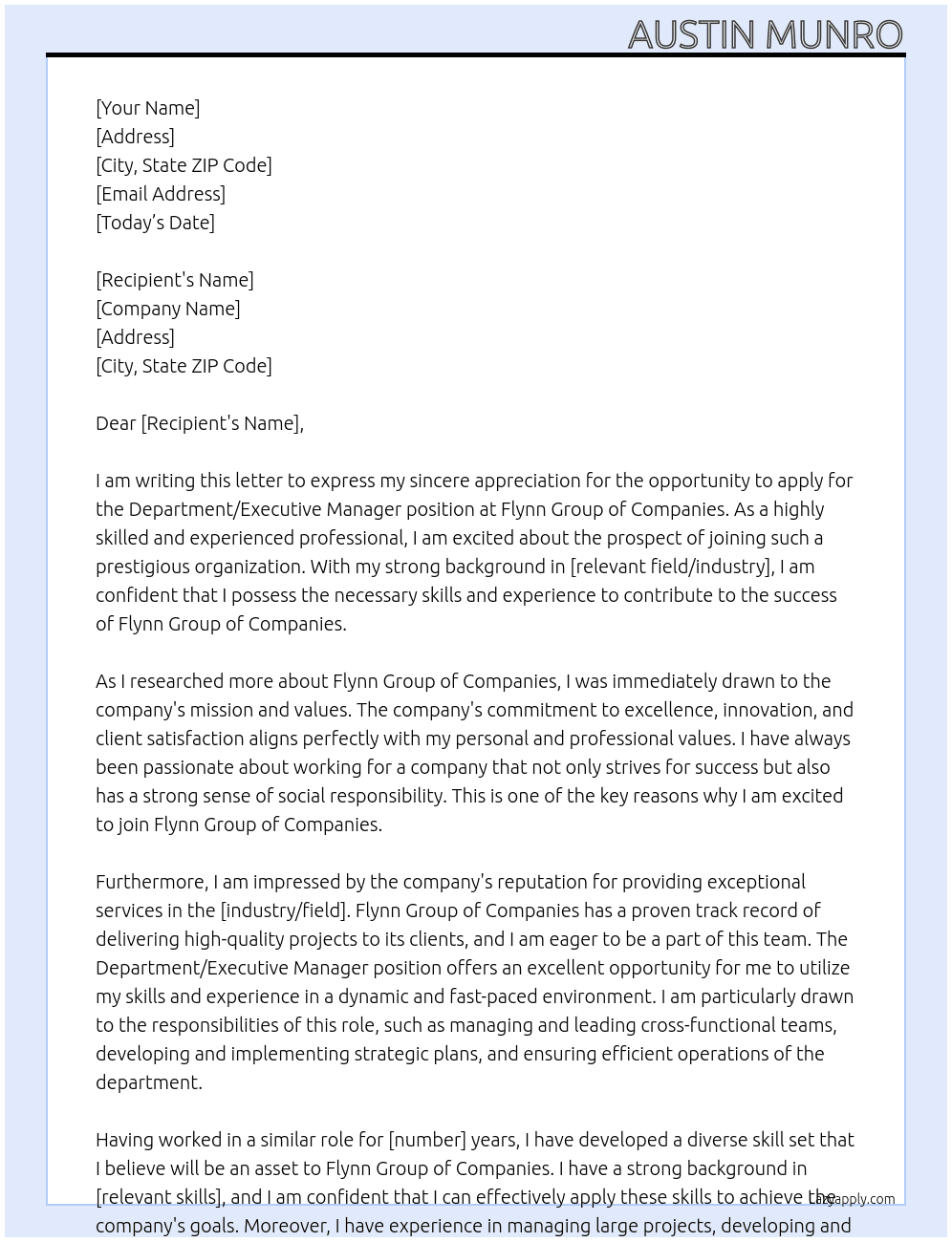 Department/Executive Manager At Flynn Group of Companies Cover Letter