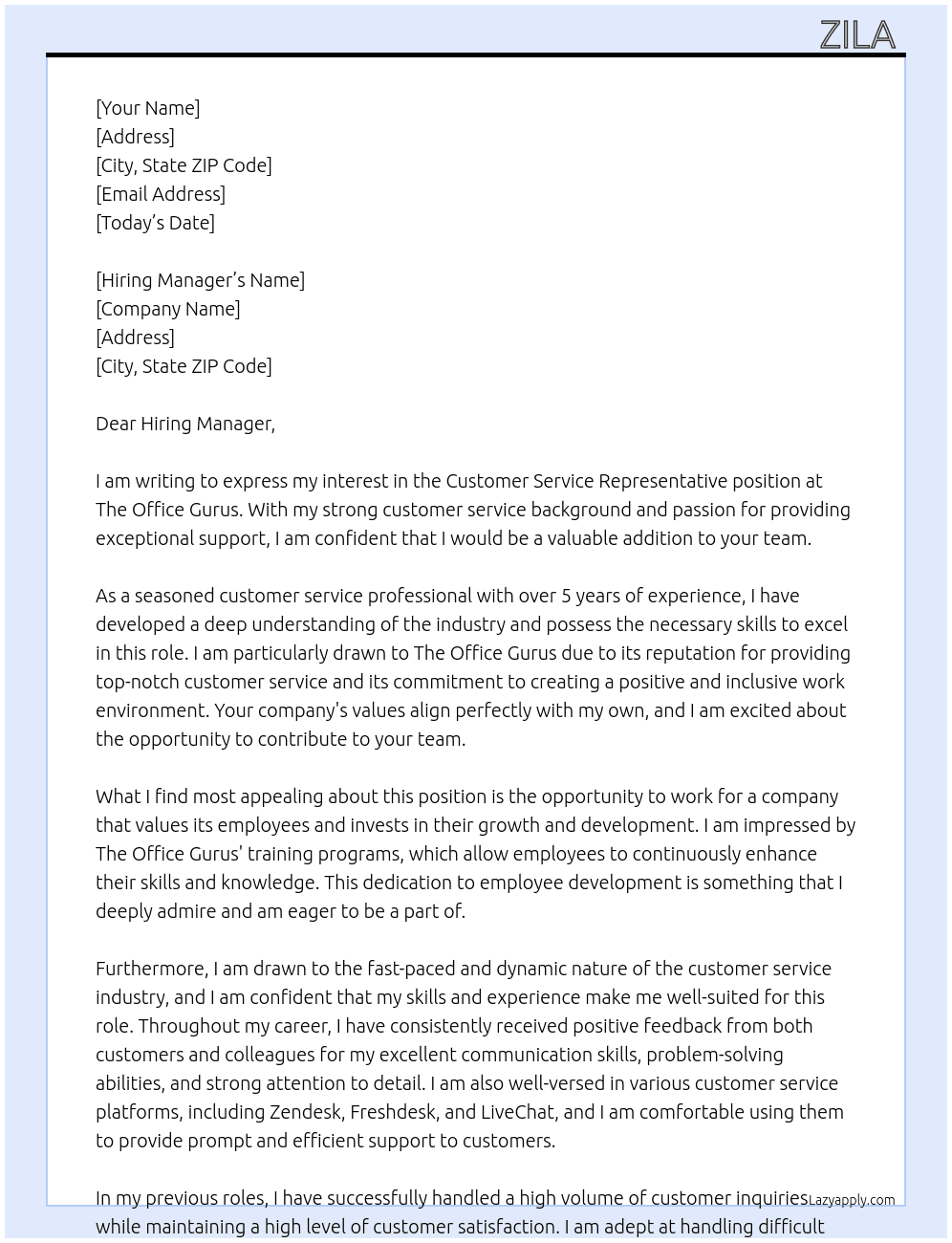 Customer Service Representative  At The Office Gurus  Cover Letter