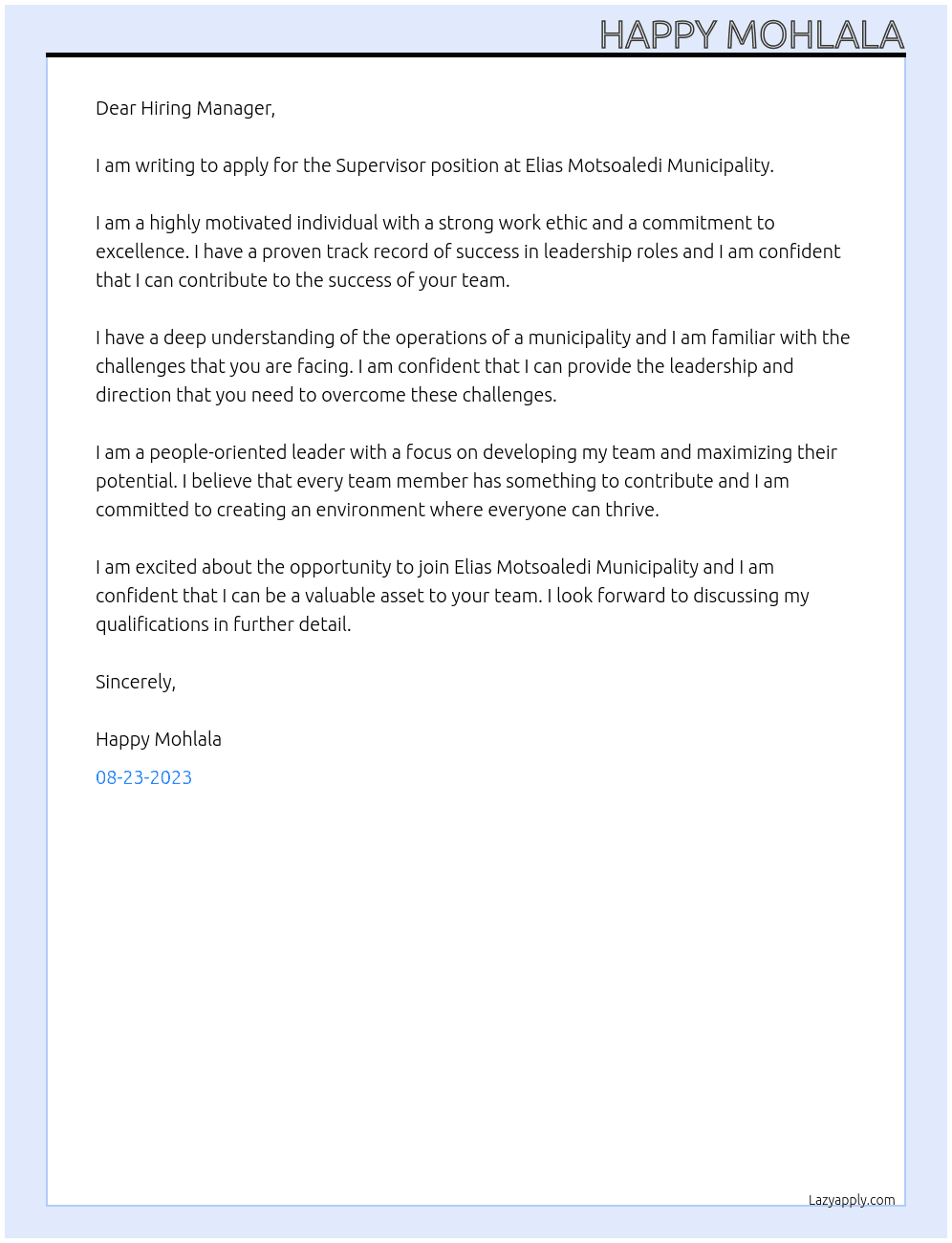 Supervisor At Elias Motsoaledi Municipality Cover Letter