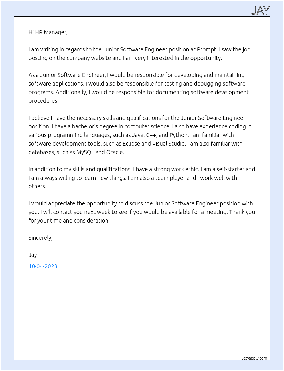 Junior Software Engineer At Prompt Cover Letter