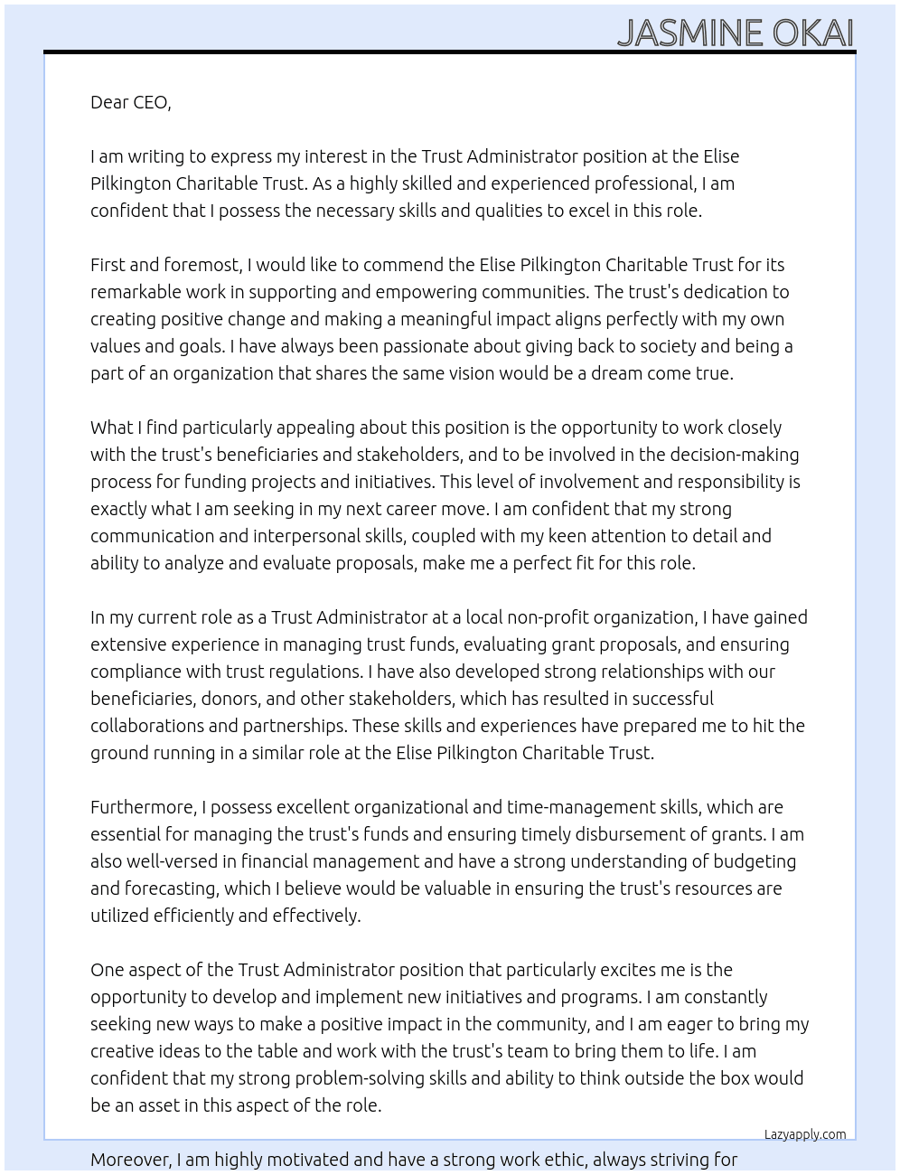 trust administrator At Elise Pilkington Charitable Trust Cover Letter