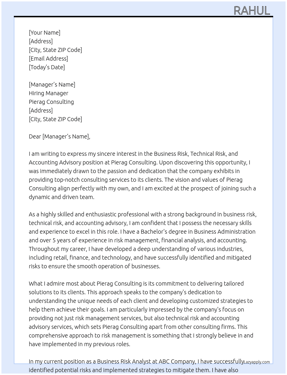 Business risk , technical risk and Accounting advisory  At Pierag consulting  Cover Letter