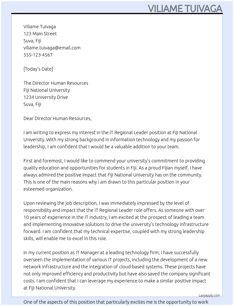 IT Regional Leader At Fiji National University Cover Letter