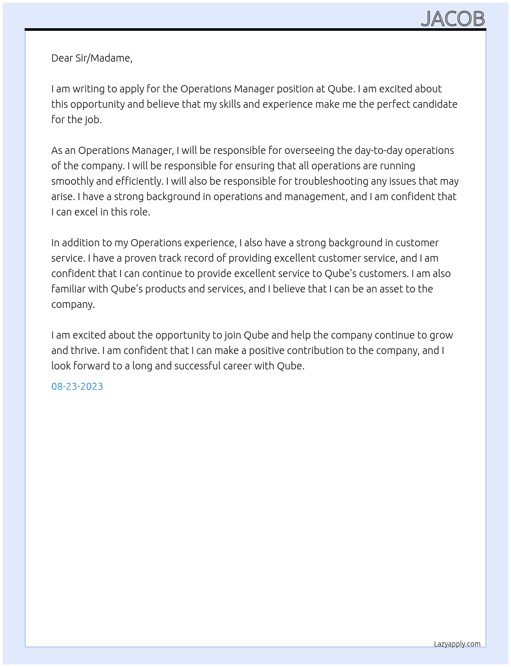 Operations Manager At Qube Cover Letter