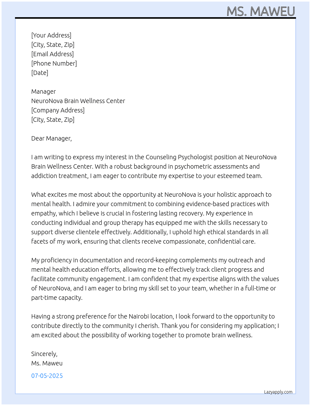 Counseling Psychologist At NeuroNova Brain Wellness Center Cover Letter