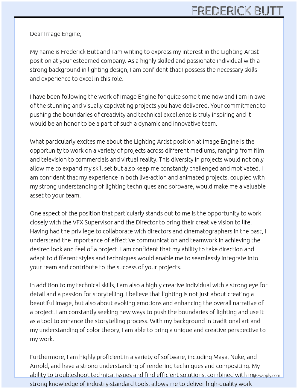 Lighting Artist At Image Engine Cover Letter