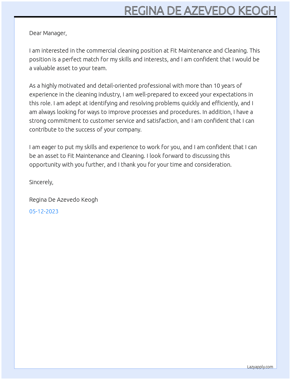Commercial Cleaning  At Fit Maintenance and Cleaning Cover Letter