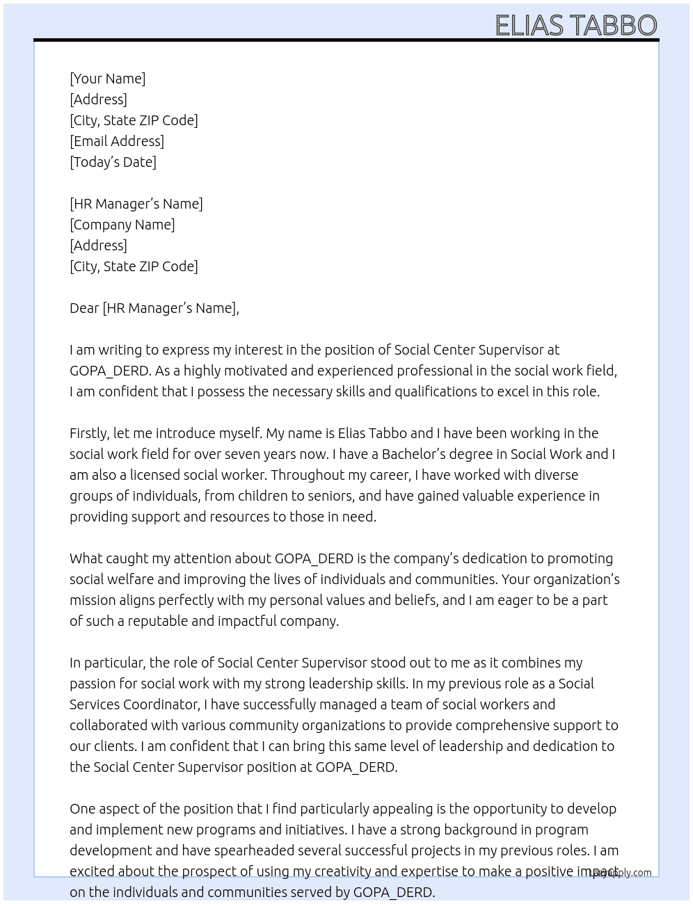 social center supervisor At GOPA_DERD Cover Letter