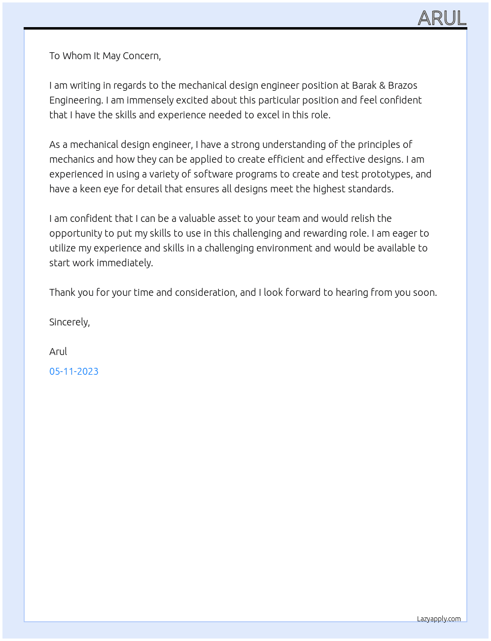 mechanical design engineer At barak & brazos engineering Cover Letter
