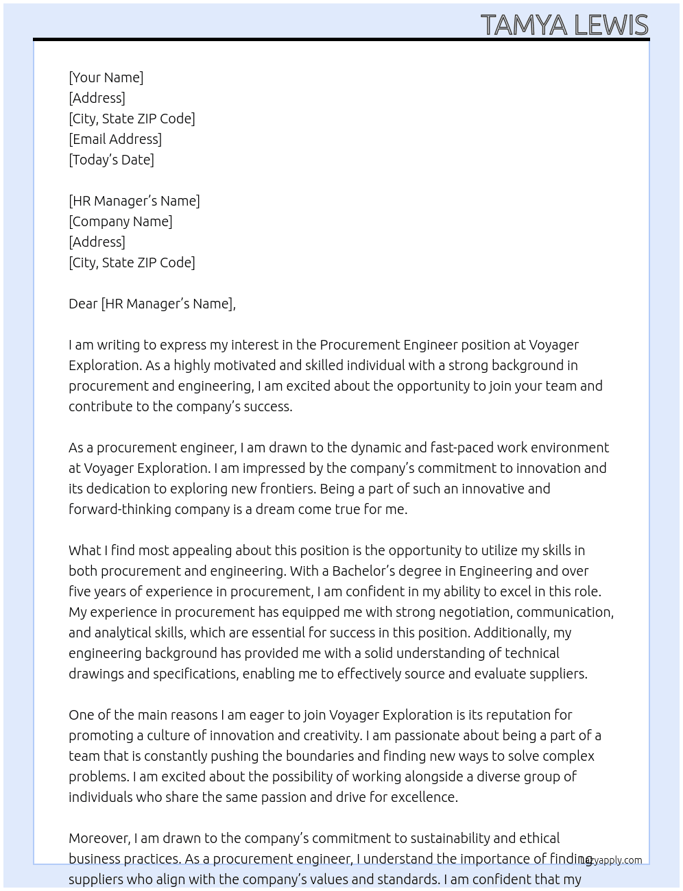 Procurement Engineer At Voyager Exploration Cover Letter