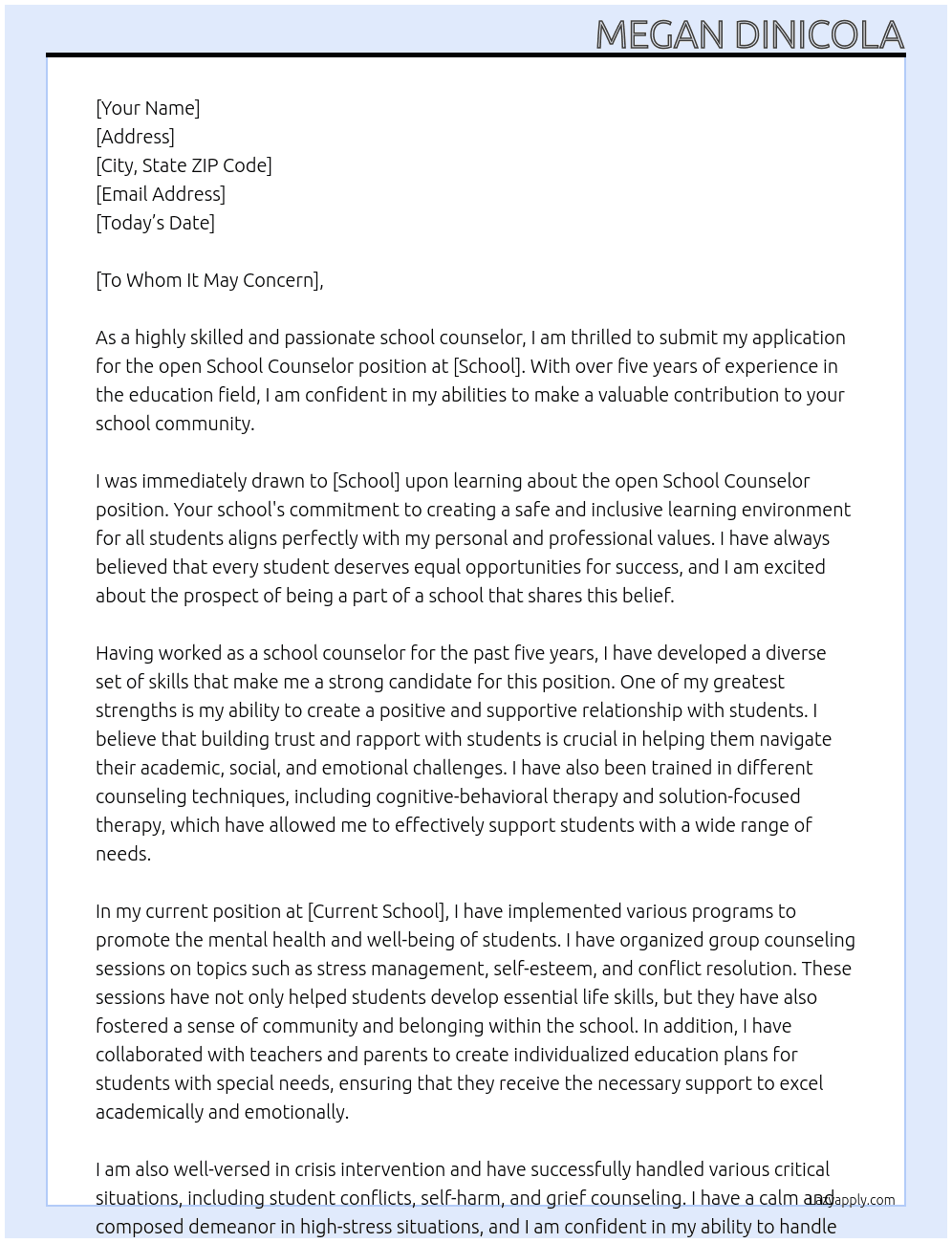 School Counselor  At School  Cover Letter