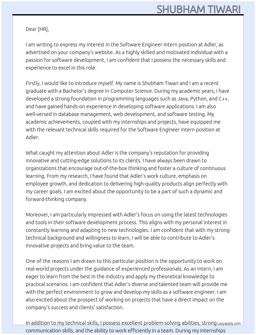 Software Engineer intern At Adler Cover Letter