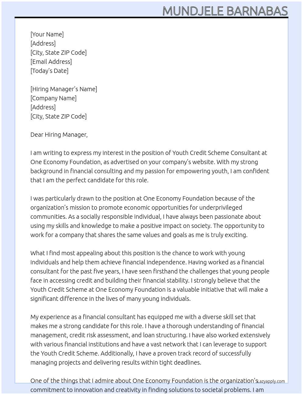 youth credit scheme consultant At One Economy Foundation Cover Letter