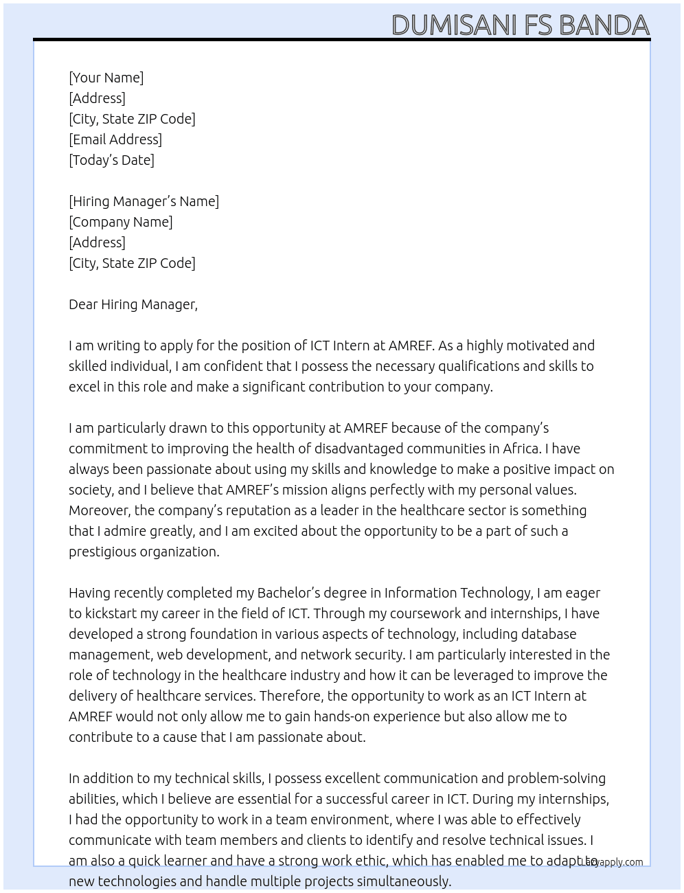 ICT INTERN  At AMREF Cover Letter