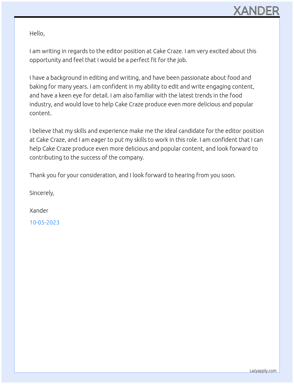 Editor At Cake Craze Cover Letter