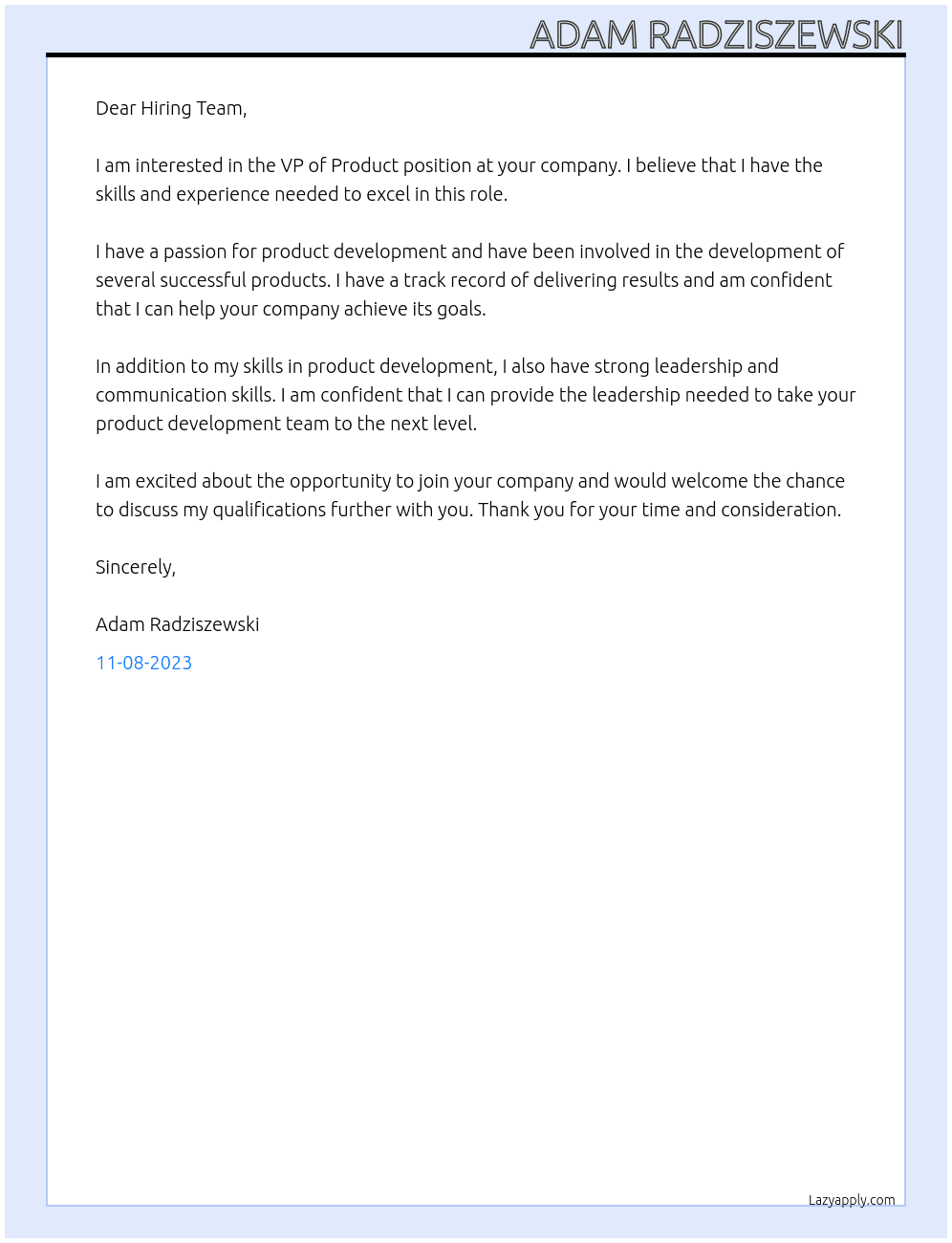 VP of Product At TBD Cover Letter