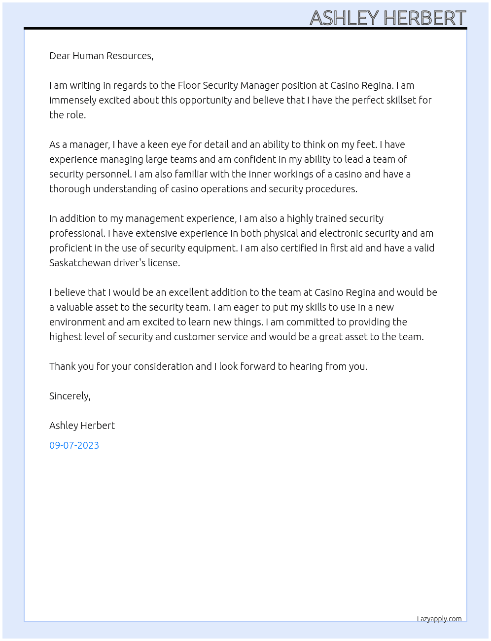 floor security manager At casino regina Cover Letter