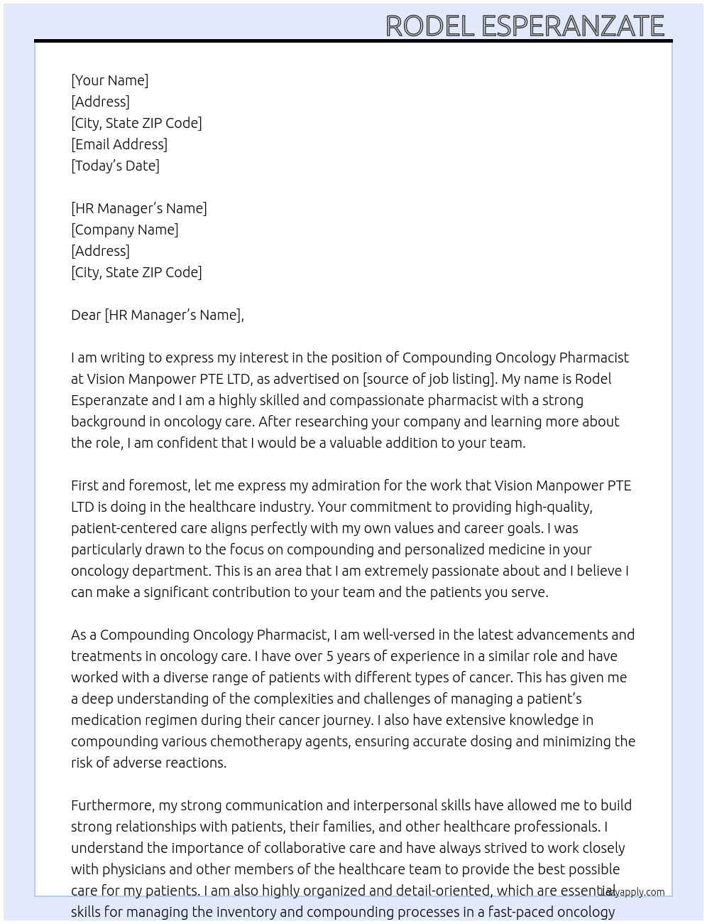 Compounding Oncology Pharmacist  At Vision Manpower PTE LTD Cover Letter