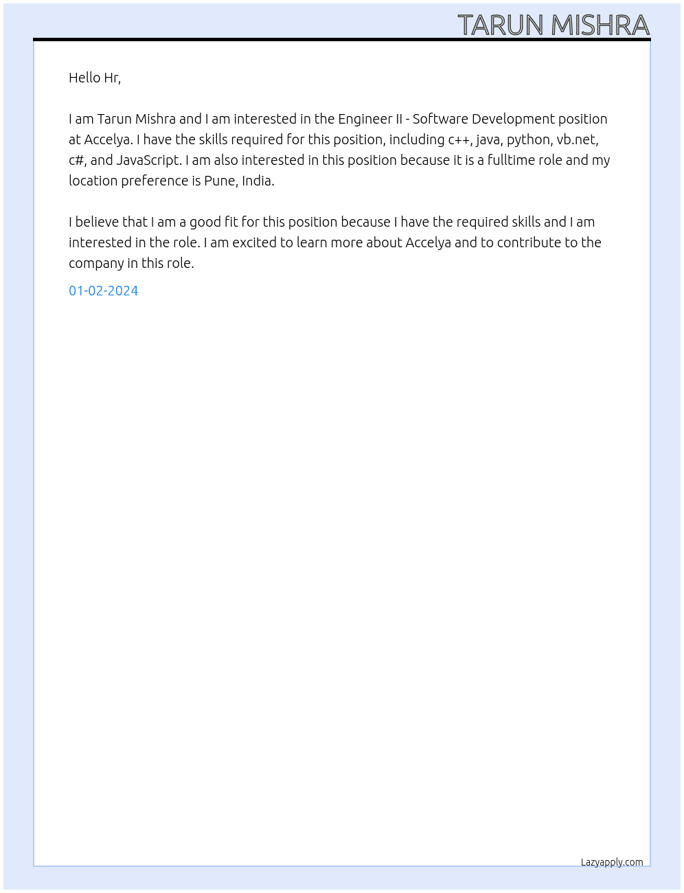 Engineer II - Software Development At Accelya Cover Letter