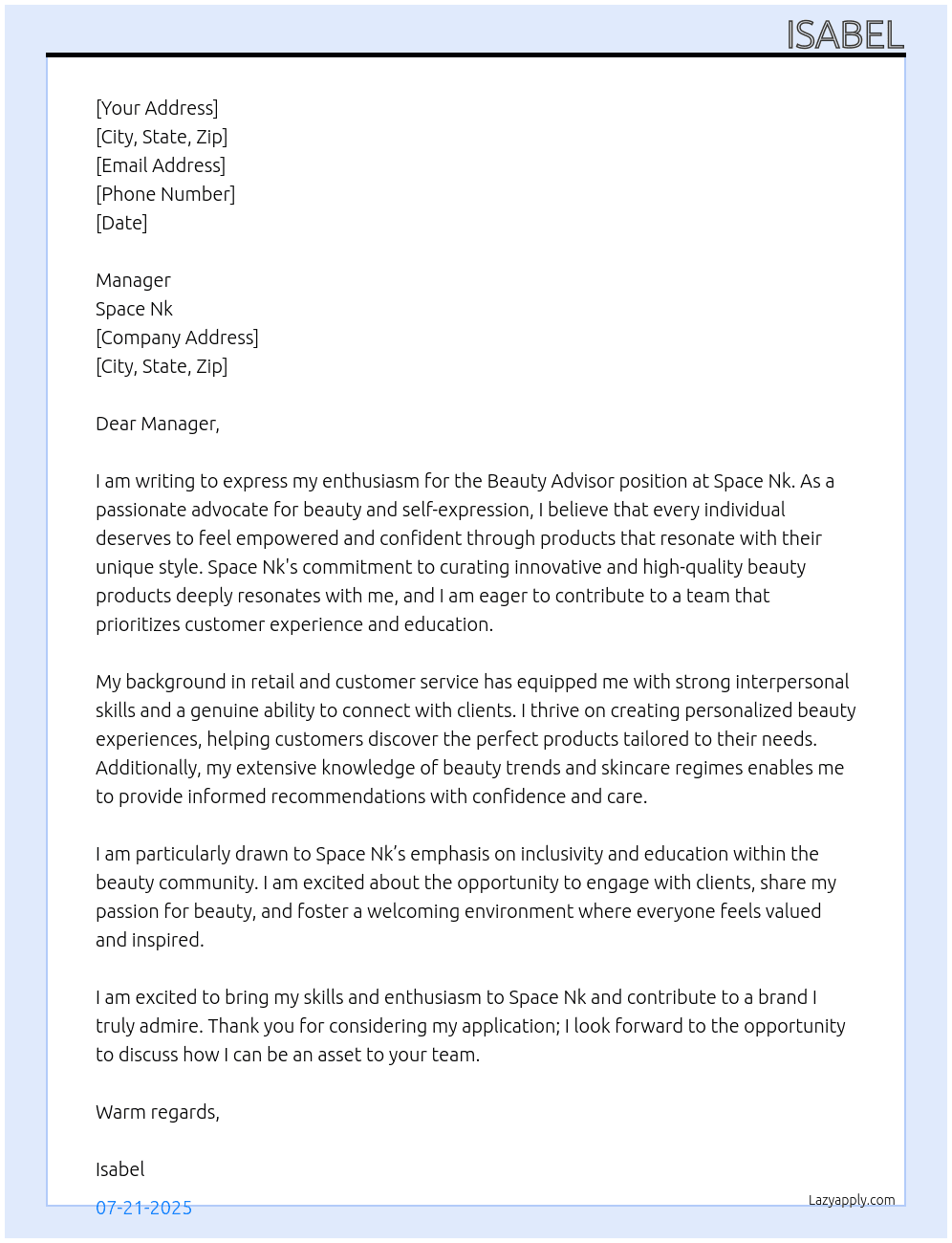 beauty advisor  At Space Nk  Cover Letter