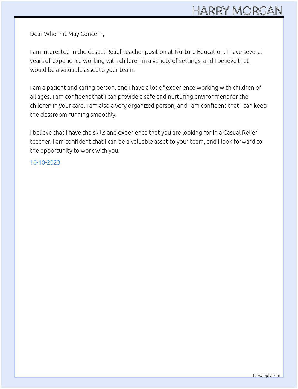 Casual Relief teacher At Nurture Education Cover Letter