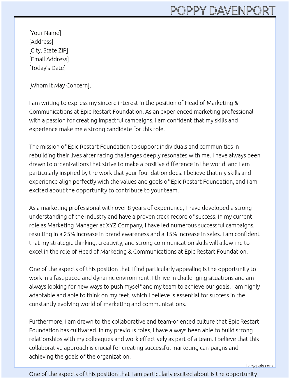 Head of Marketing & Communications At Epic Restart Foundation Cover Letter