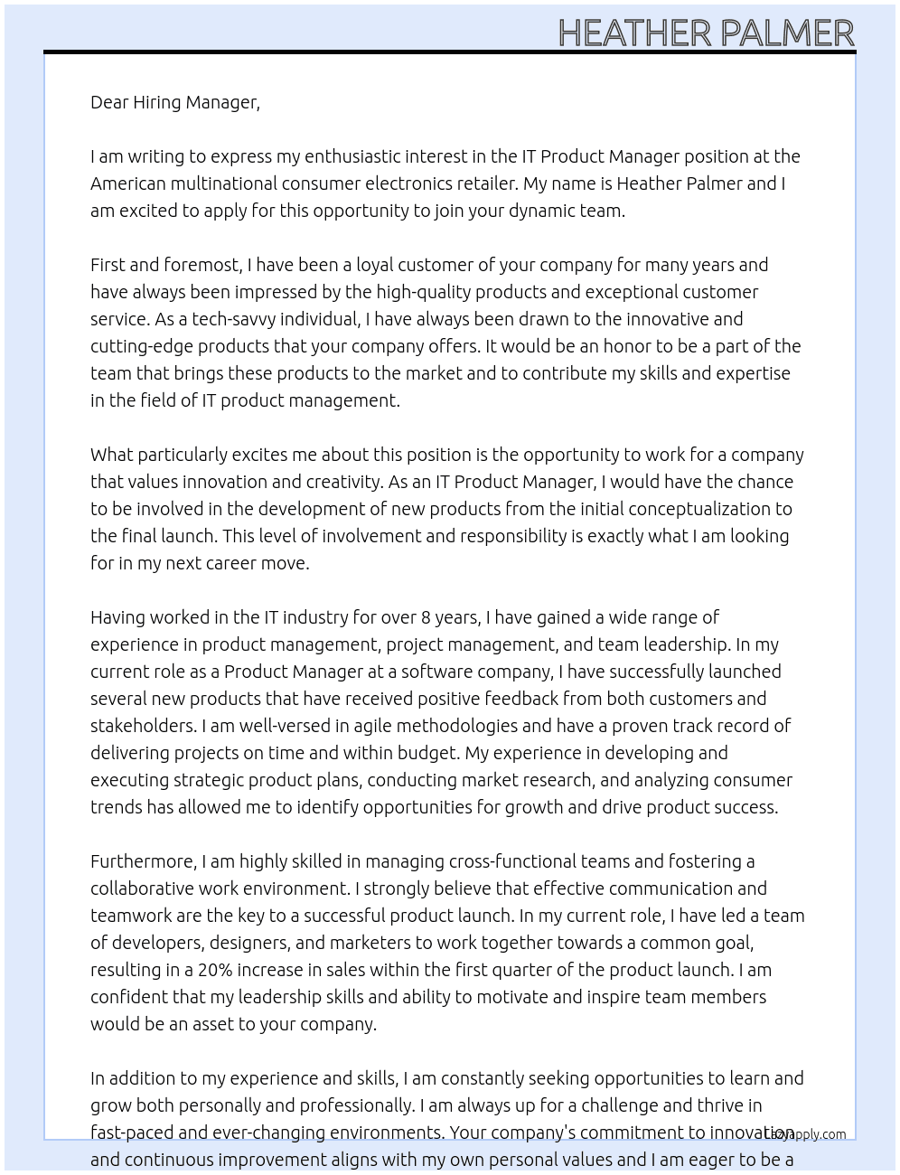 IT Product Manager At American multinational consumer electronics retailer Cover Letter