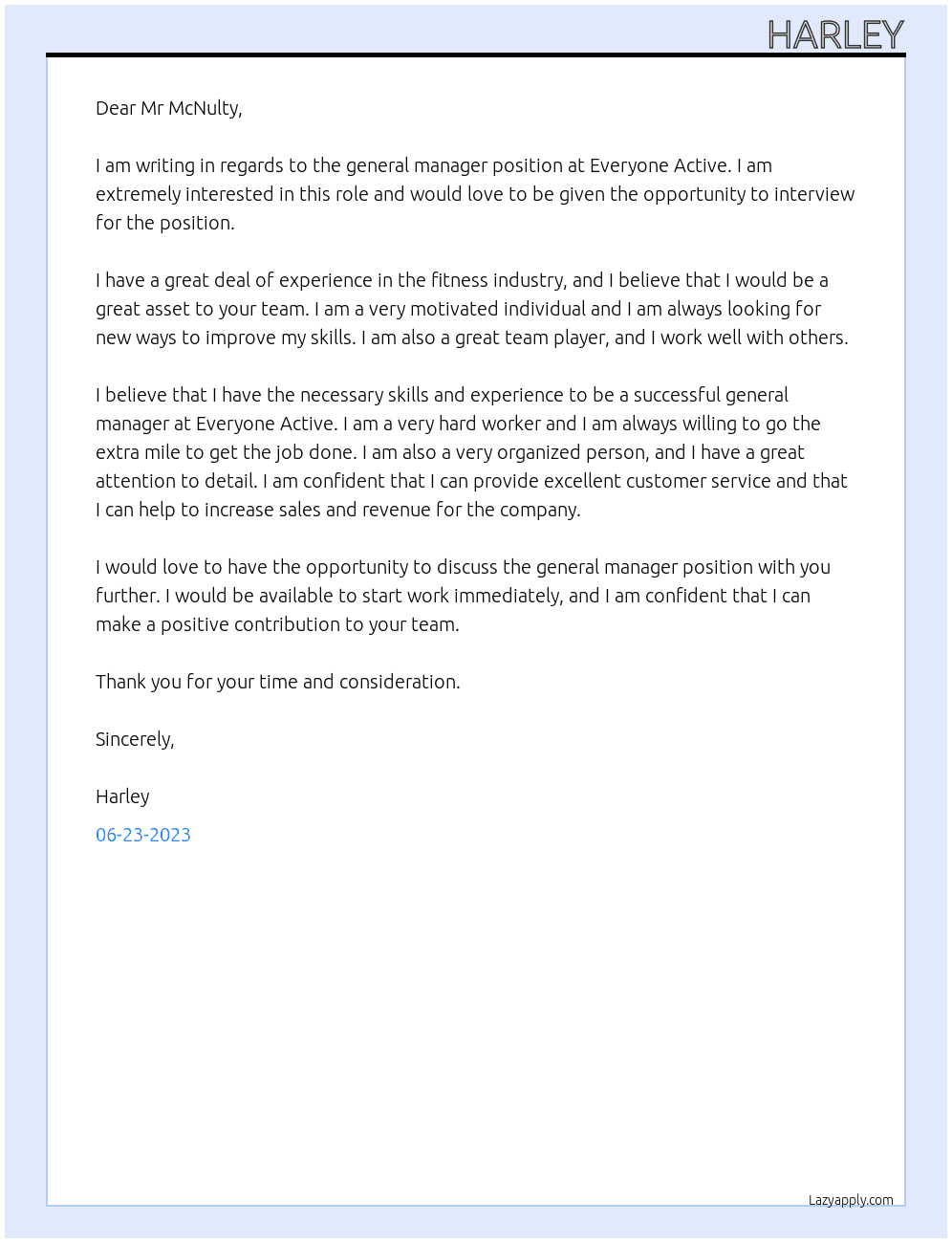 General manager At Everyone Active Cover Letter