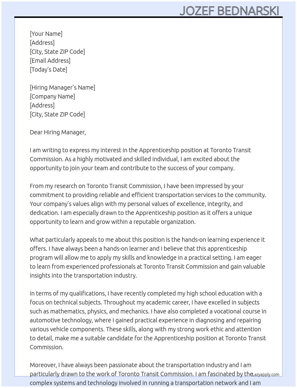 Apprenticeship  At Toronto Transit Commission  Cover Letter