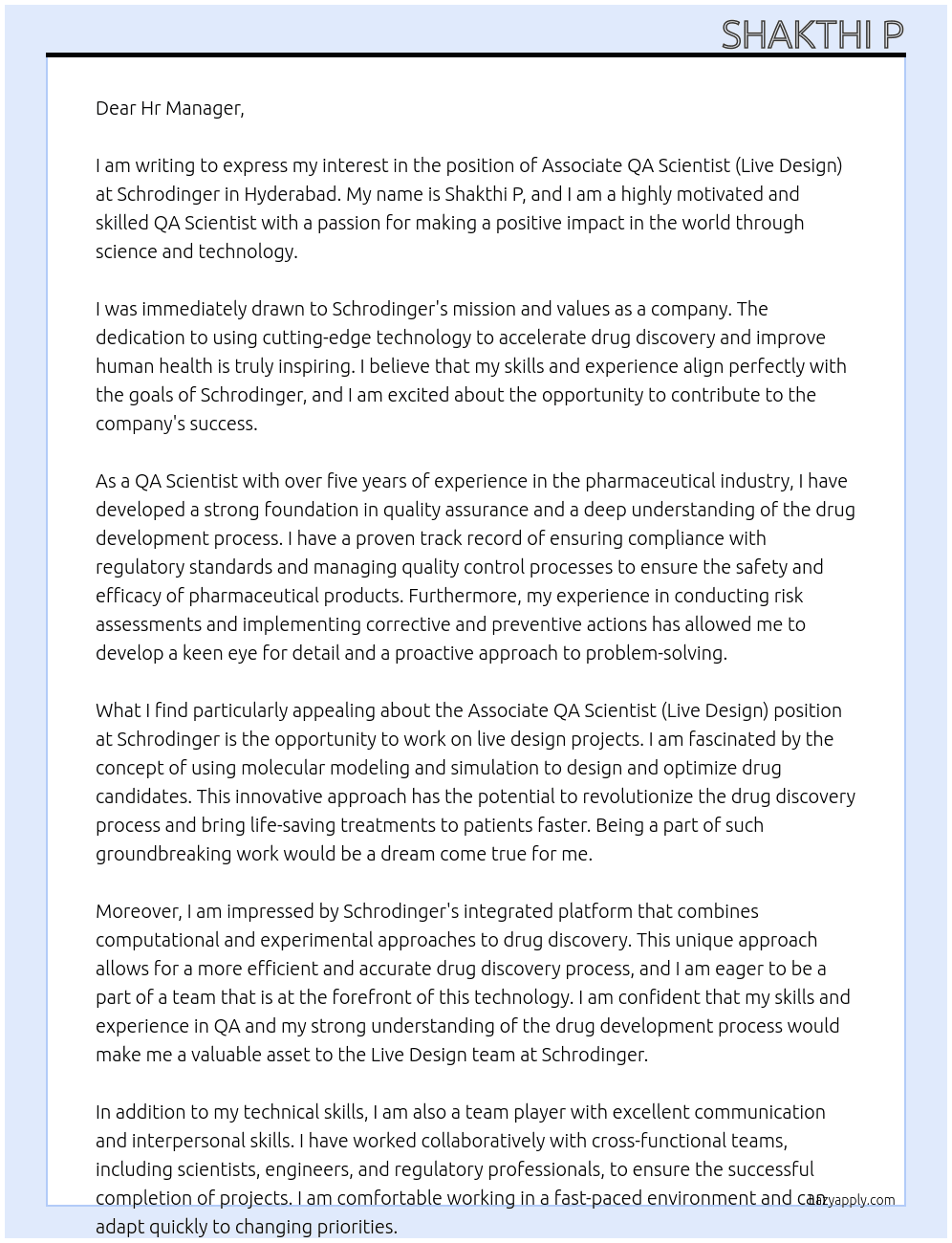 Associate QA Scientist (Live Design) - Hyderabad At Schrodinger Cover Letter