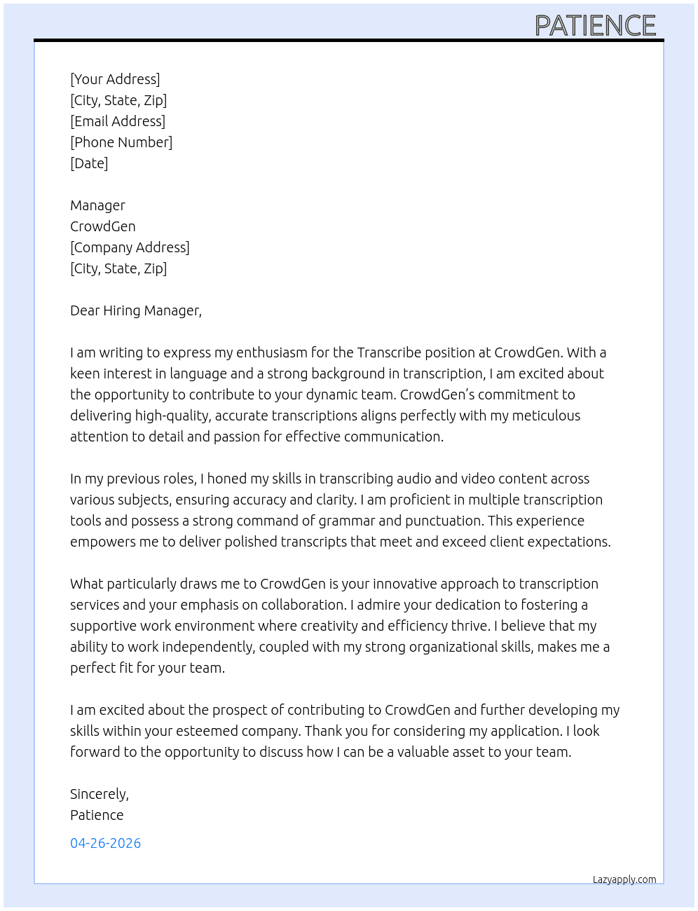 Transcribe  At CrowdGen Cover Letter