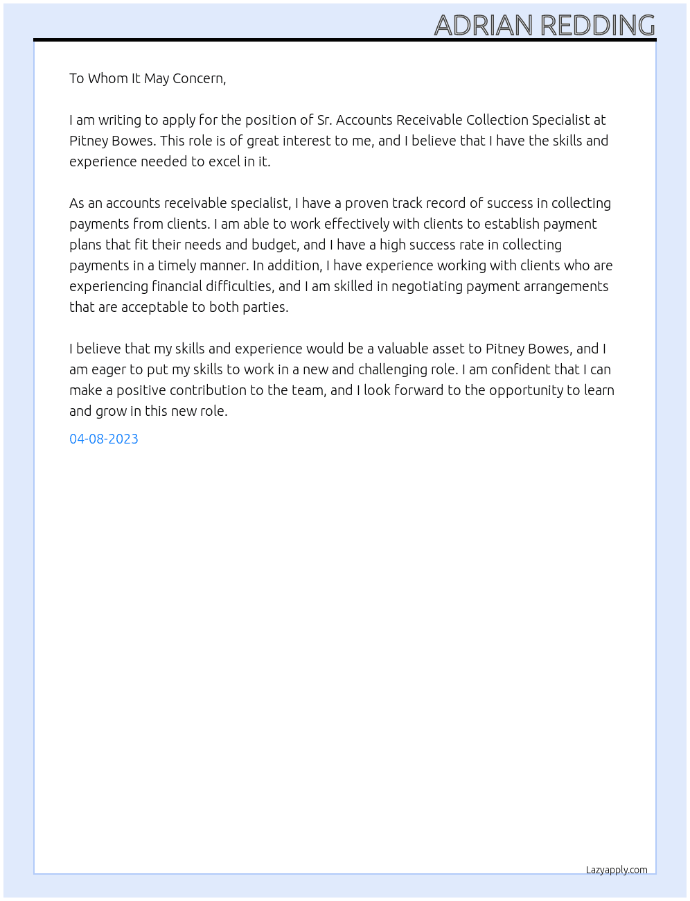 Sr. Accounts Receivable Collection Specialist At Pitney Bowes Cover Letter