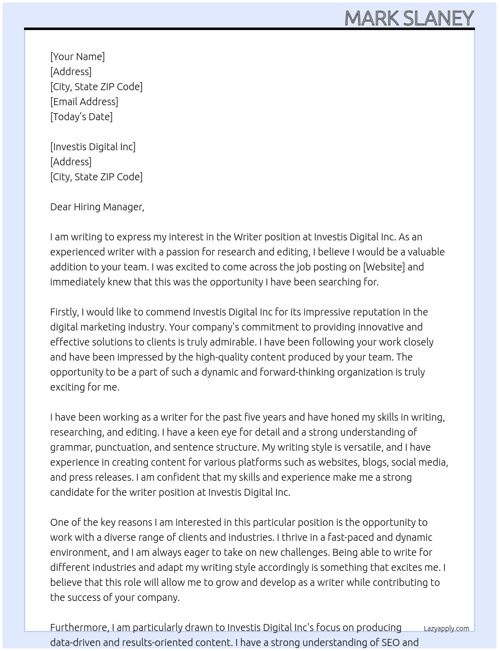 writer At Investis Digital Inc Cover Letter