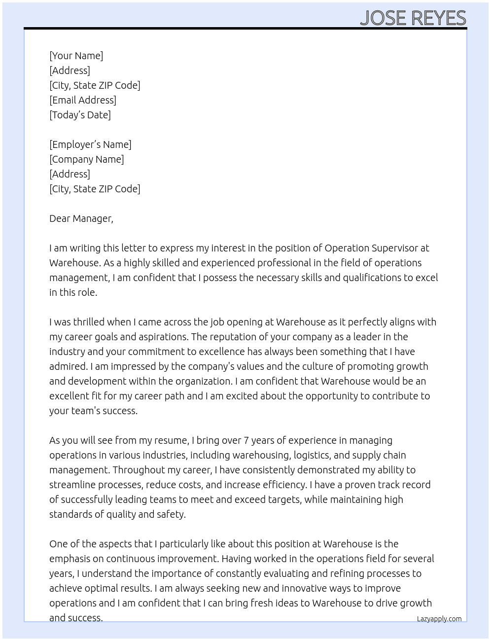 Operation supervisor  At Warehouse Cover Letter