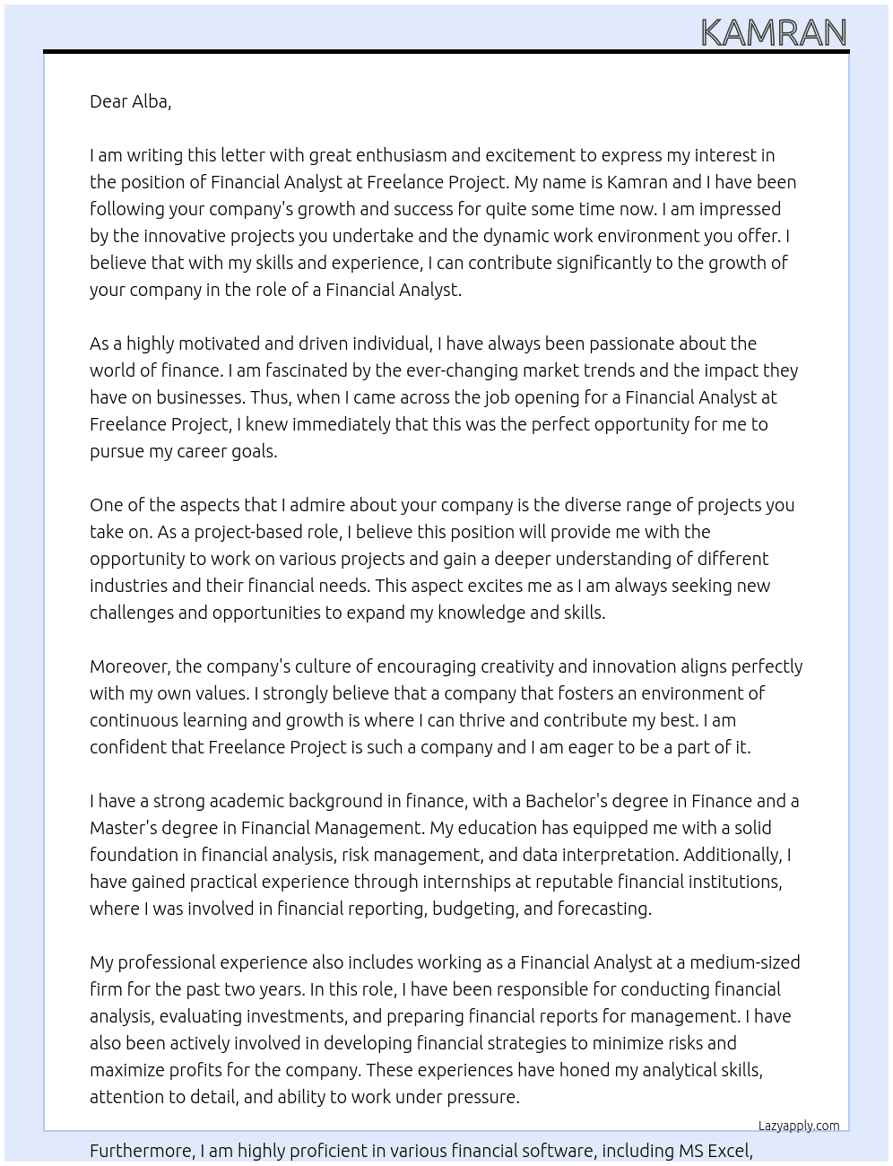 Financial Analyst At Freelance Project Cover Letter