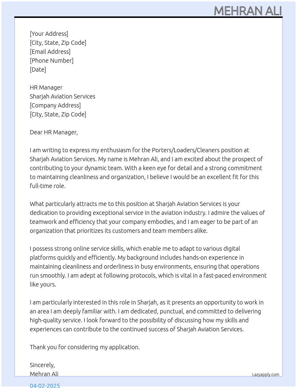 Porters/ Loaders/ Cleaners At  Sharjah Aviation Services Cover Letter