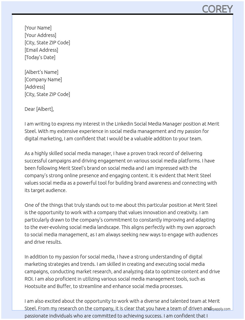 Linkedin social media manager At Merit Steel Cover Letter
